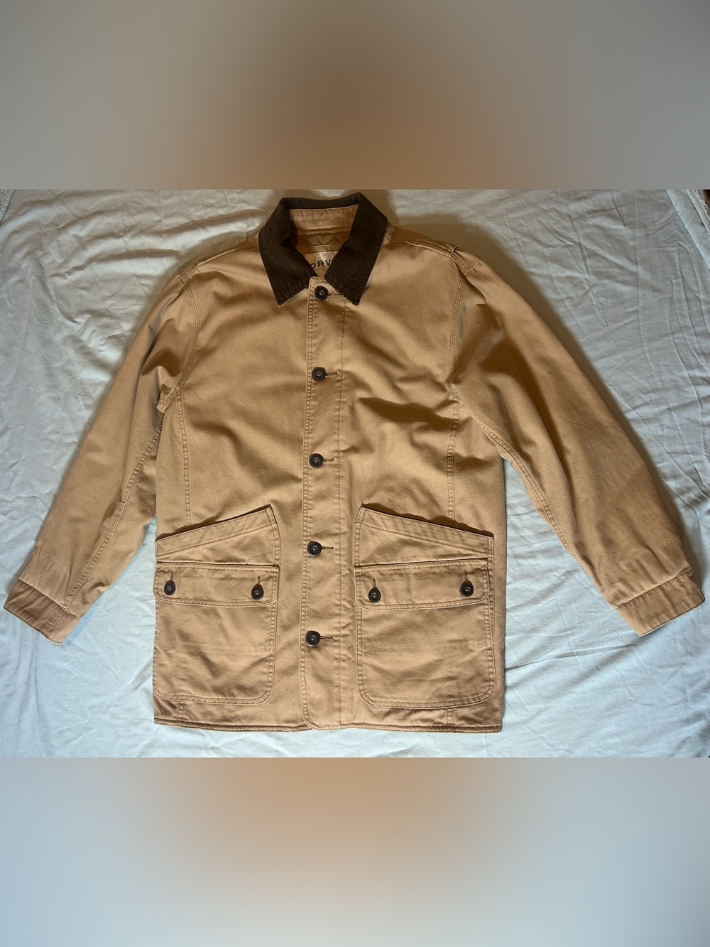 Orvis Tan Saddle Chore Barn Field Coat - Classic Quilt Lined Corduroy Collar M